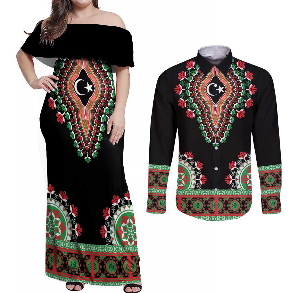 Libya Barbary Lion Couples Matching Off Shoulder Maxi Dress and Long Sleeve Button Shirt Dashiki Simple Style LT05 - Wonder Print Shop