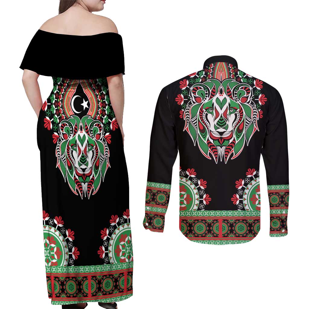 Libya Barbary Lion Couples Matching Off Shoulder Maxi Dress and Long Sleeve Button Shirt Dashiki Simple Style LT05 - Wonder Print Shop