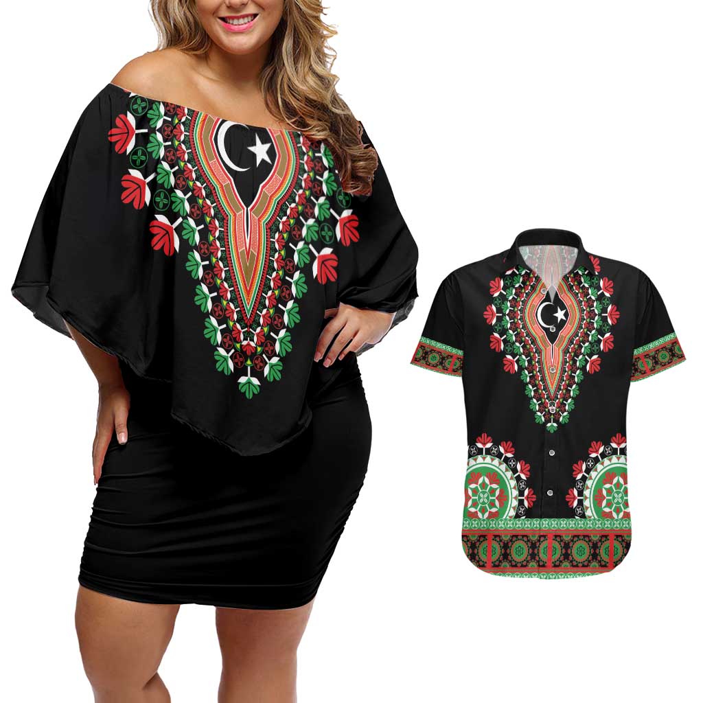 Libya Barbary Lion Couples Matching Off Shoulder Short Dress and Hawaiian Shirt Dashiki Simple Style LT05 - Wonder Print Shop