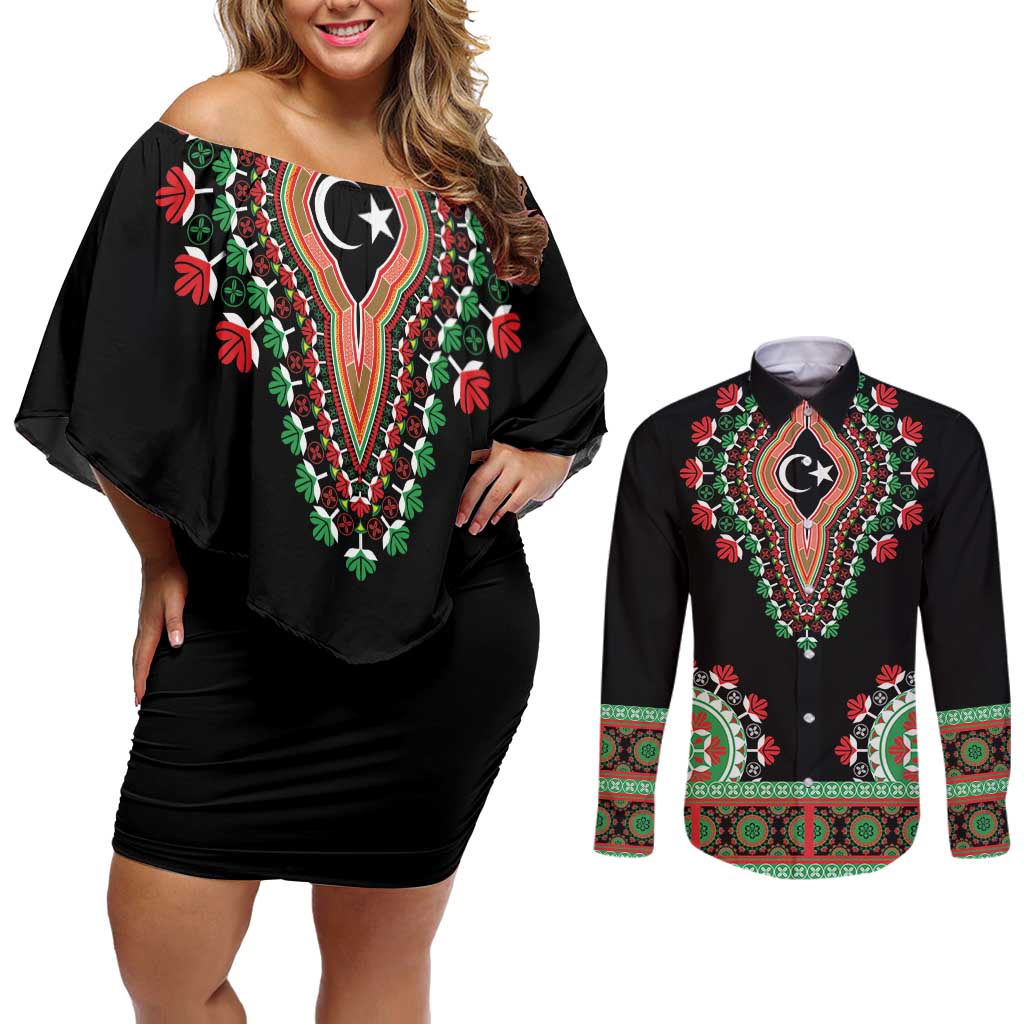 Libya Barbary Lion Couples Matching Off Shoulder Short Dress and Long Sleeve Button Shirt Dashiki Simple Style LT05 - Wonder Print Shop