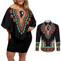 Libya Barbary Lion Couples Matching Off Shoulder Short Dress and Long Sleeve Button Shirt Dashiki Simple Style LT05 - Wonder Print Shop