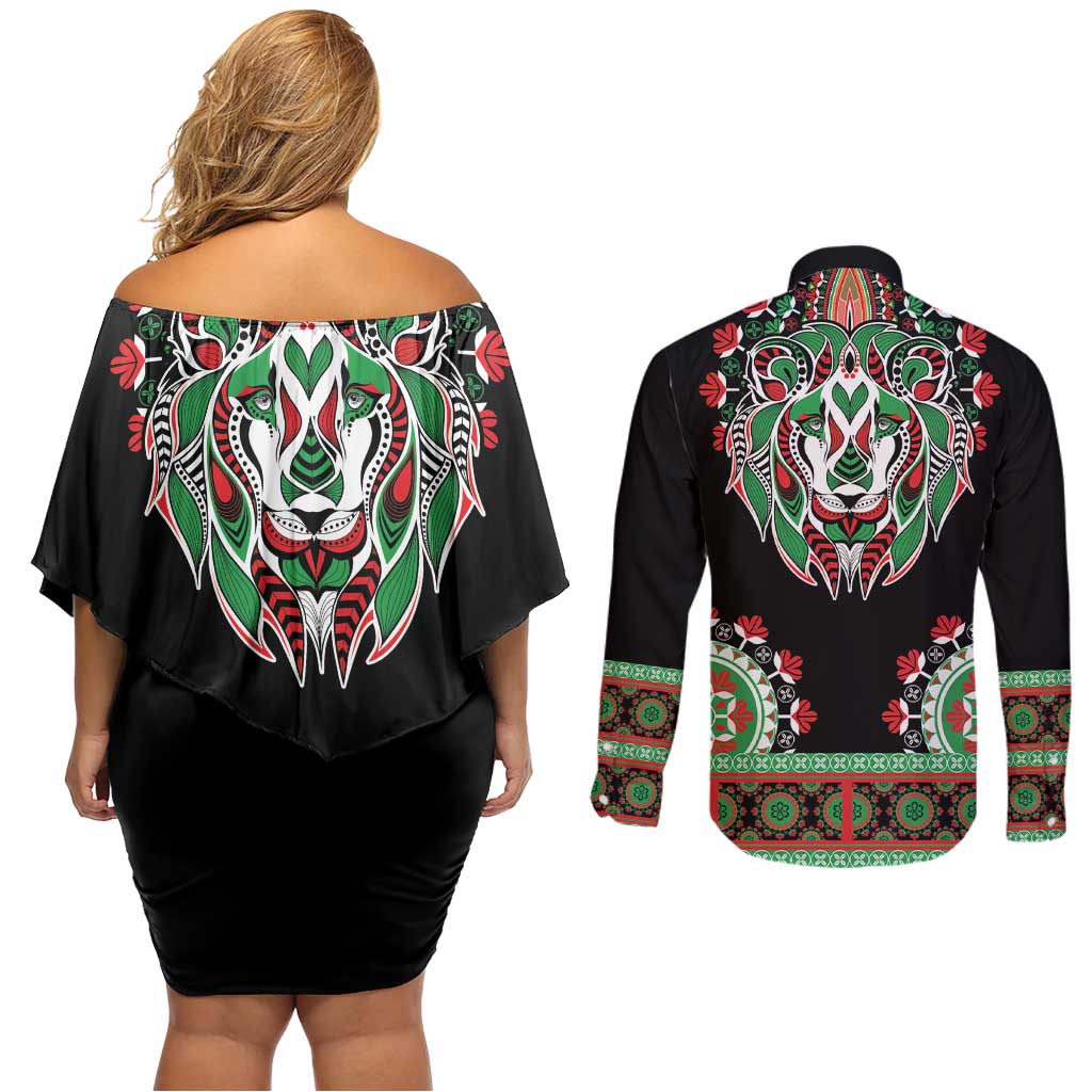 Libya Barbary Lion Couples Matching Off Shoulder Short Dress and Long Sleeve Button Shirt Dashiki Simple Style LT05 - Wonder Print Shop