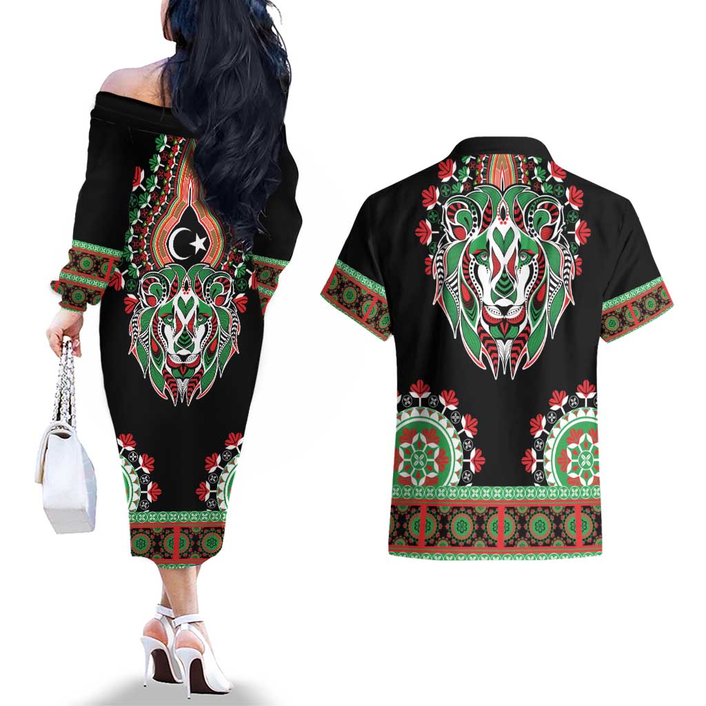 Libya Barbary Lion Couples Matching Off The Shoulder Long Sleeve Dress and Hawaiian Shirt Dashiki Simple Style LT05 - Wonder Print Shop