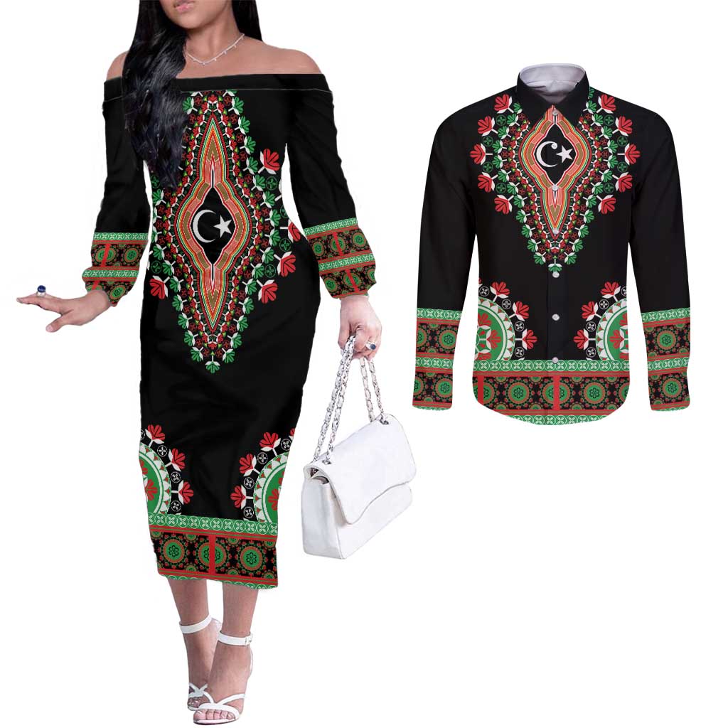 Libya Barbary Lion Couples Matching Off The Shoulder Long Sleeve Dress and Long Sleeve Button Shirt Dashiki Simple Style