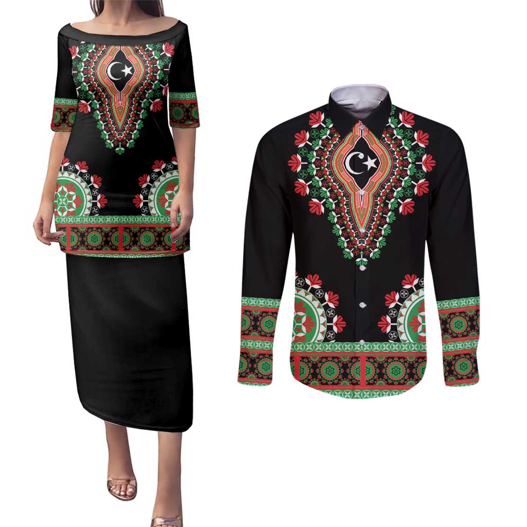 Libya Barbary Lion Couples Matching Puletasi and Long Sleeve Button Shirt Dashiki Simple Style LT05 - Wonder Print Shop