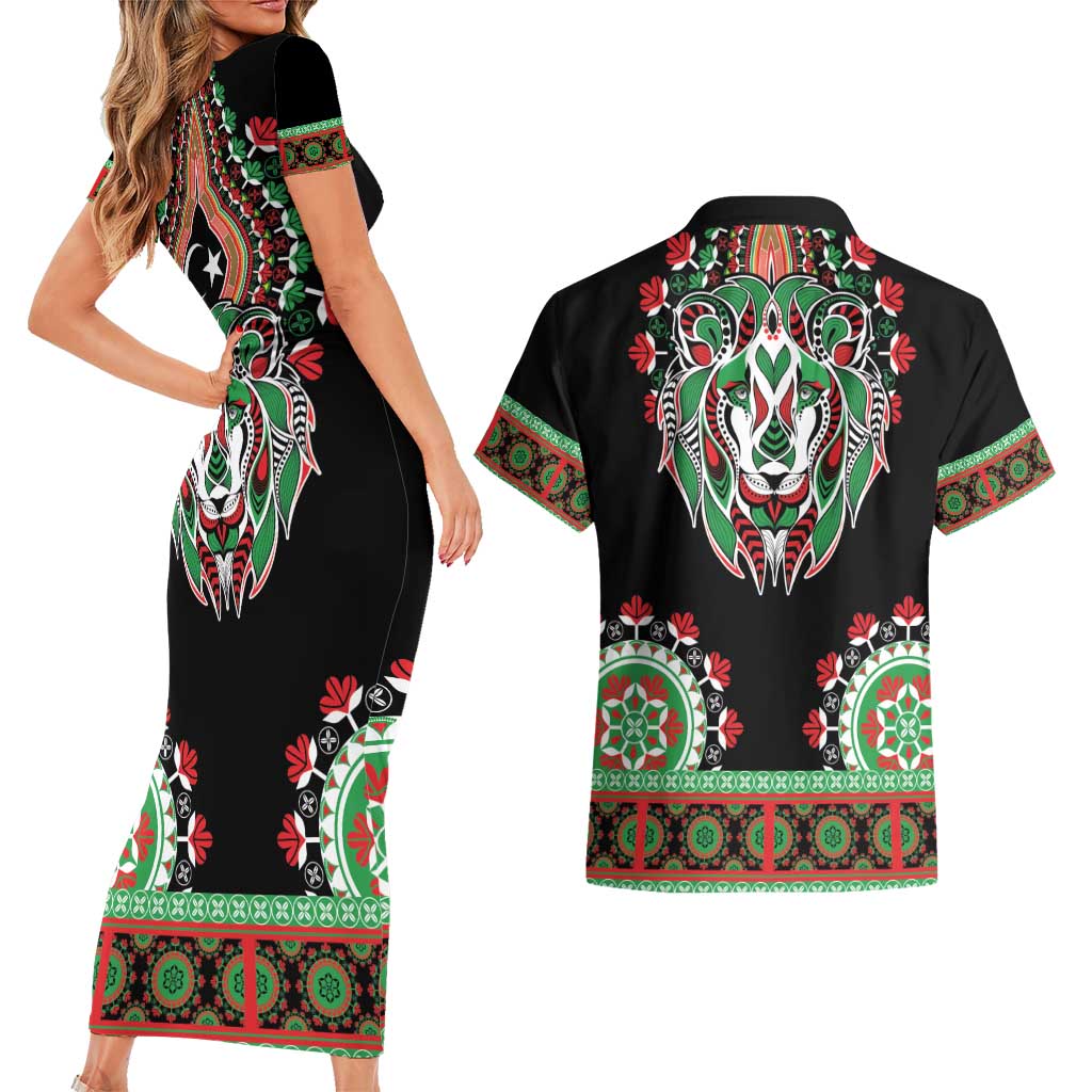 Libya Barbary Lion Couples Matching Short Sleeve Bodycon Dress and Hawaiian Shirt Dashiki Simple Style LT05 - Wonder Print Shop