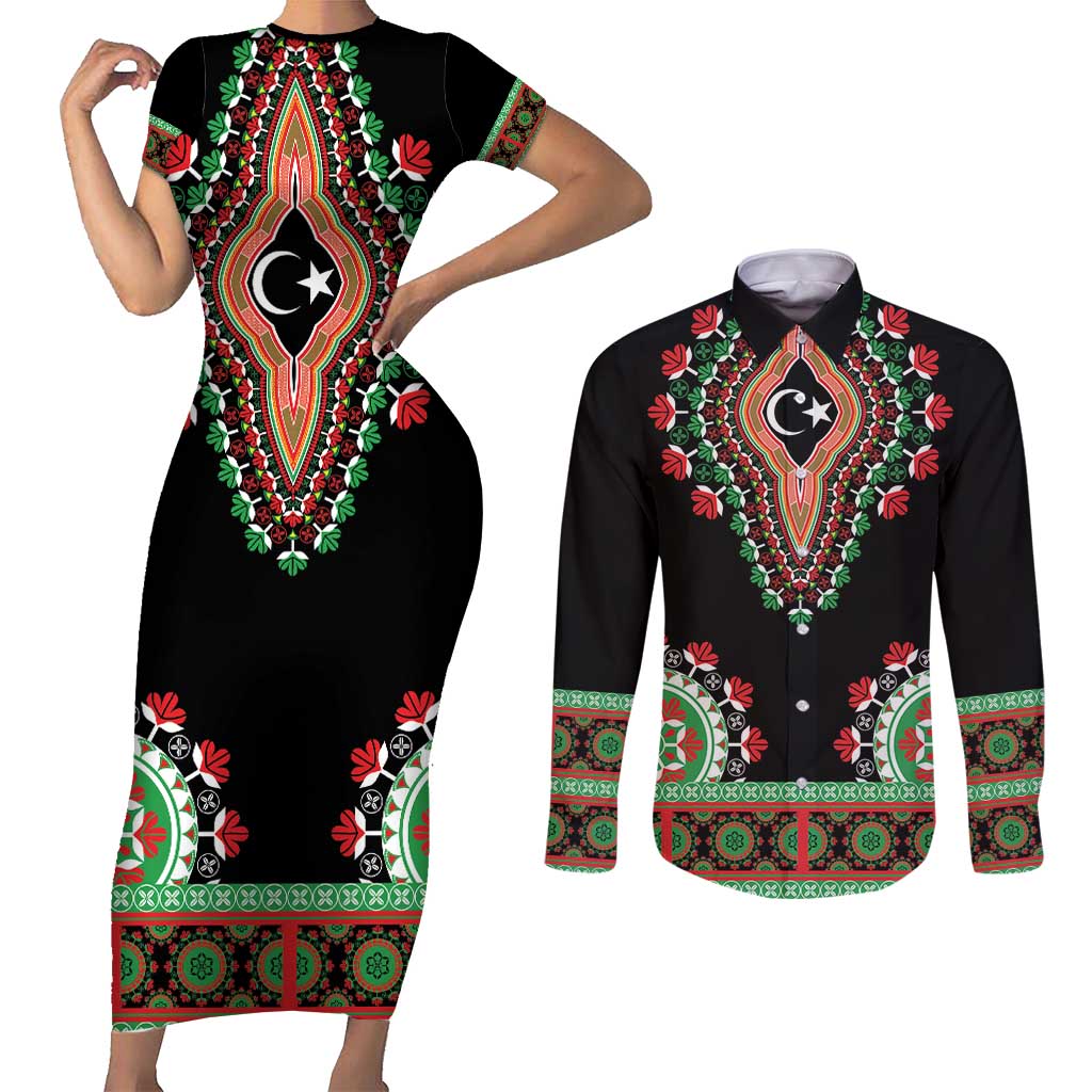Libya Barbary Lion Couples Matching Short Sleeve Bodycon Dress and Long Sleeve Button Shirt Dashiki Simple Style LT05 - Wonder Print Shop