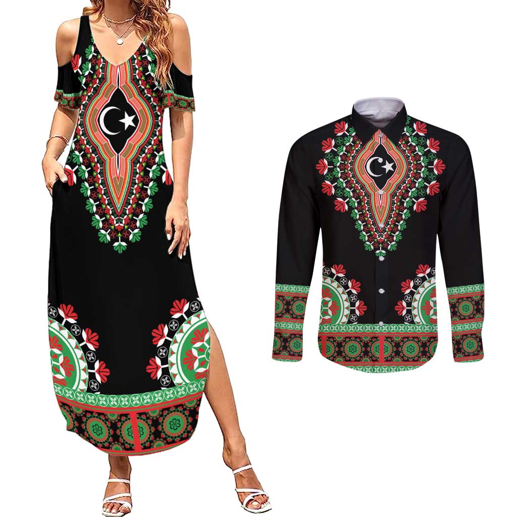 Libya Barbary Lion Couples Matching Summer Maxi Dress and Long Sleeve Button Shirt Dashiki Simple Style LT05 - Wonder Print Shop