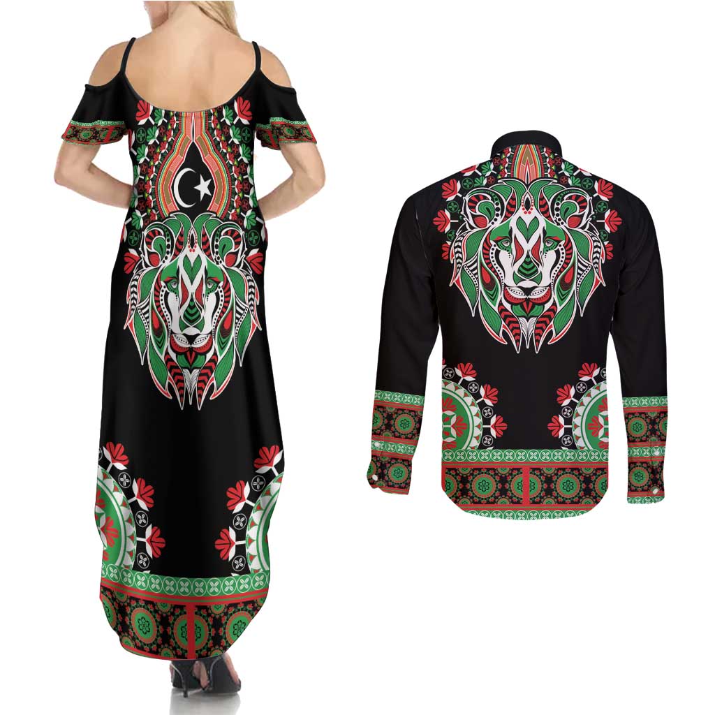 Libya Barbary Lion Couples Matching Summer Maxi Dress and Long Sleeve Button Shirt Dashiki Simple Style LT05 - Wonder Print Shop