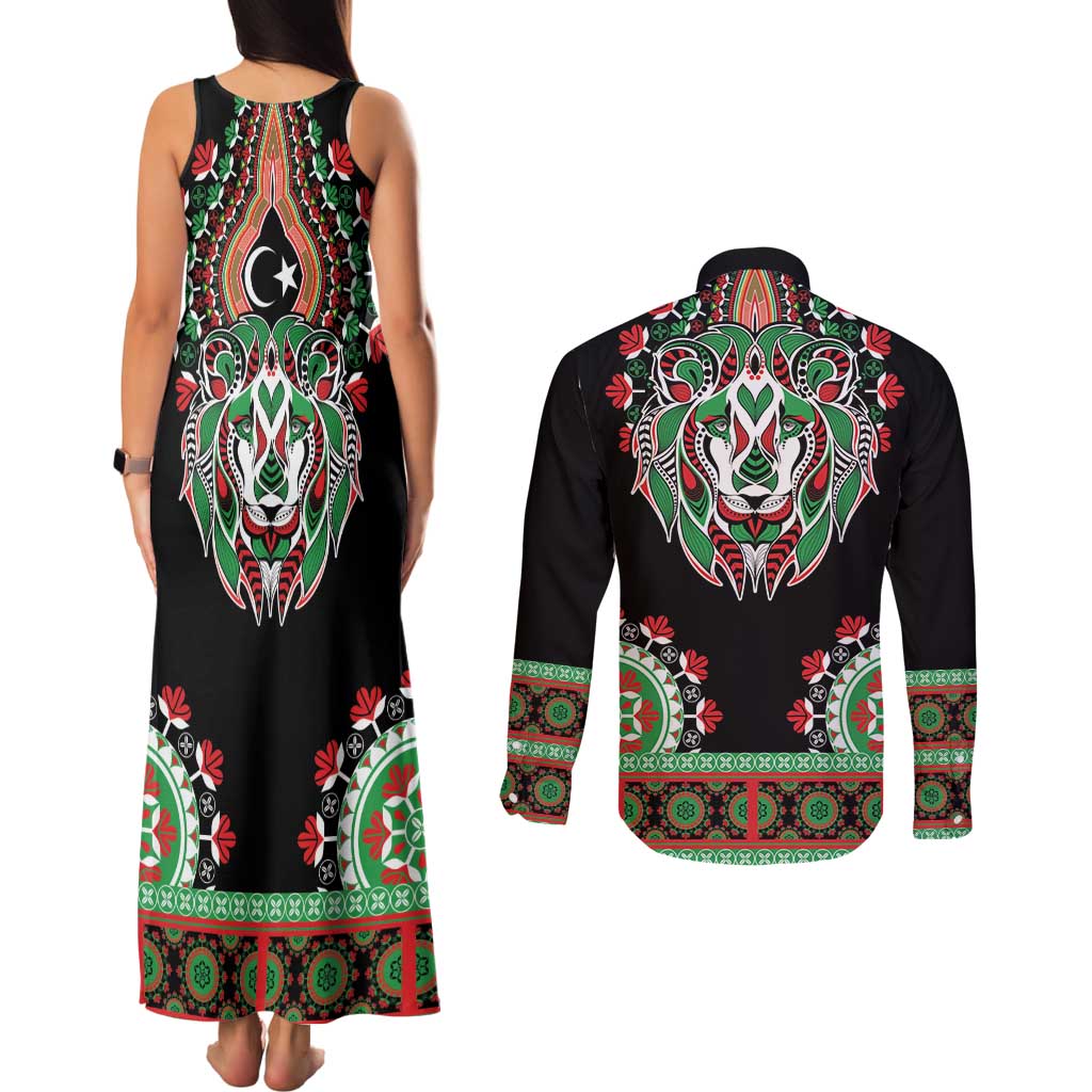 Libya Barbary Lion Couples Matching Tank Maxi Dress and Long Sleeve Button Shirt Dashiki Simple Style LT05 - Wonder Print Shop
