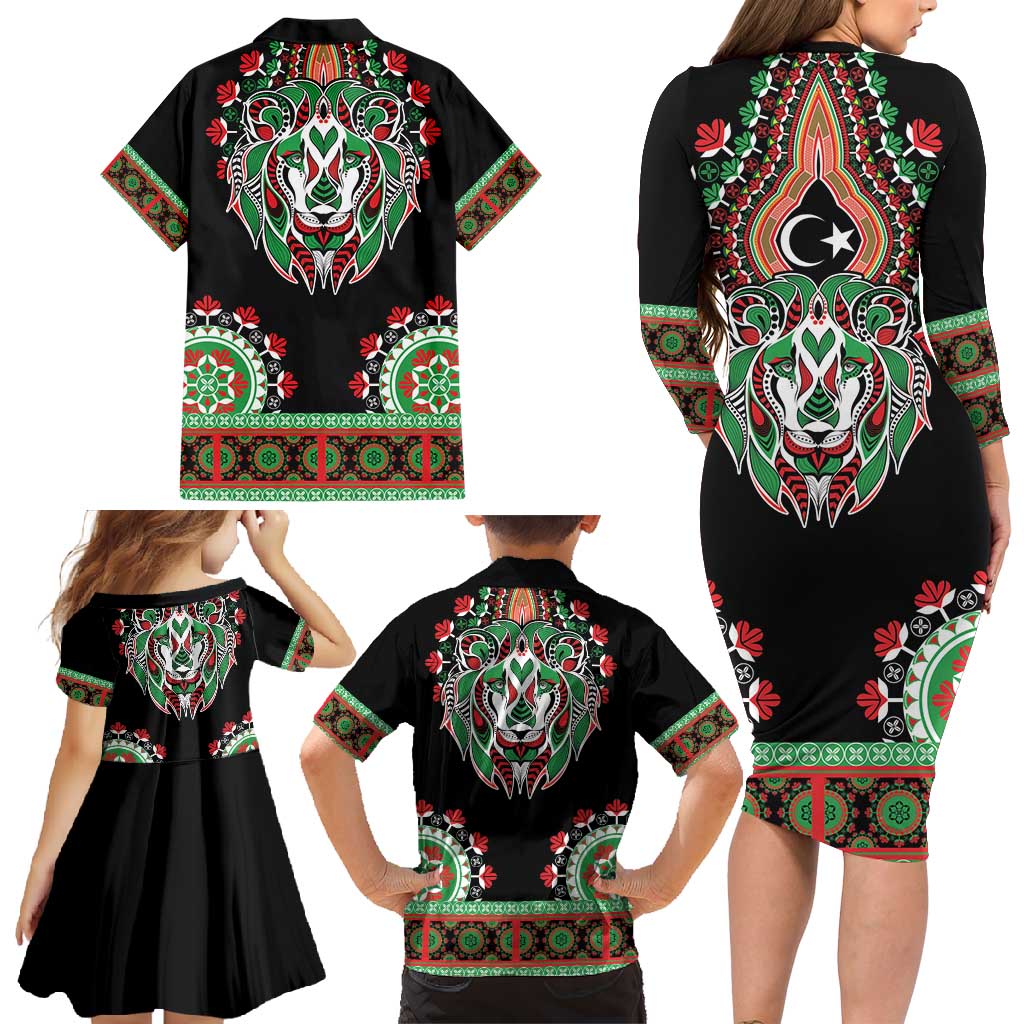 Libya Barbary Lion Family Matching Long Sleeve Bodycon Dress and Hawaiian Shirt Dashiki Simple Style LT05 - Wonder Print Shop