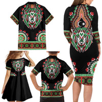 Libya Barbary Lion Family Matching Long Sleeve Bodycon Dress and Hawaiian Shirt Dashiki Simple Style LT05 - Wonder Print Shop