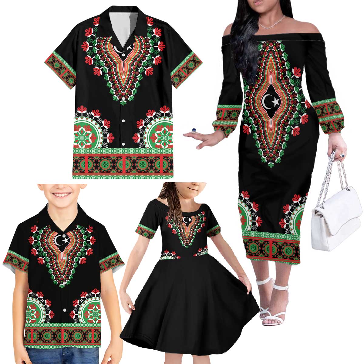 Libya Barbary Lion Family Matching Off The Shoulder Long Sleeve Dress and Hawaiian Shirt Dashiki Simple Style LT05 - Wonder Print Shop