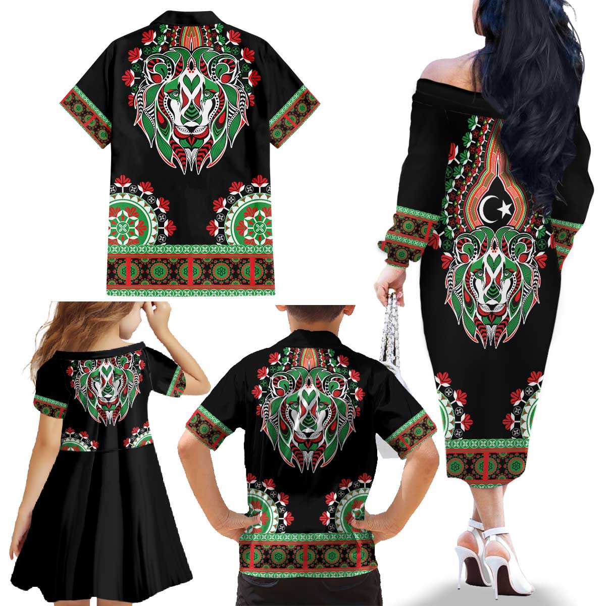 Libya Barbary Lion Family Matching Off The Shoulder Long Sleeve Dress and Hawaiian Shirt Dashiki Simple Style LT05 - Wonder Print Shop