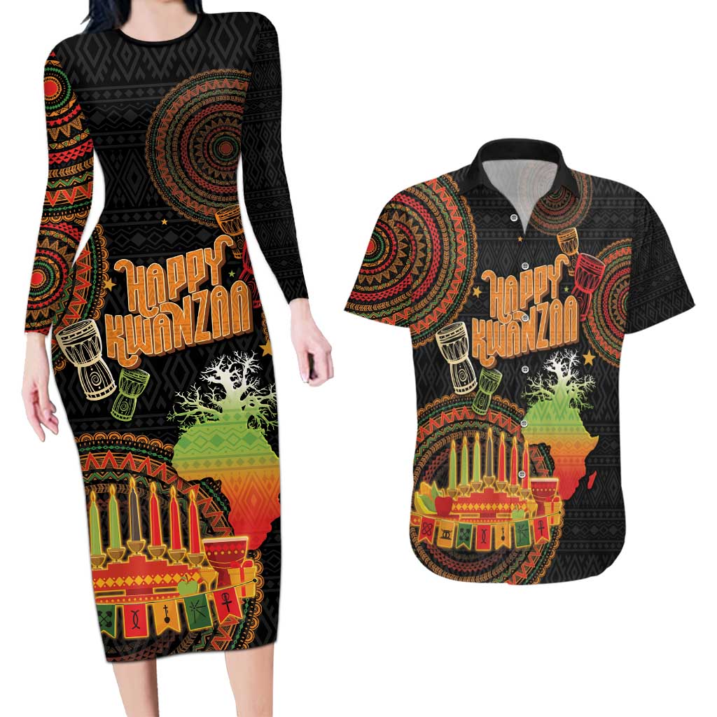 Kwanzaa Kinara Candles Couples Matching Long Sleeve Bodycon Dress and Hawaiian Shirt African Tribal Pattern LT05 - Wonder Print Shop