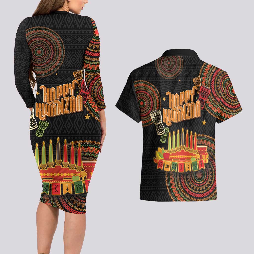 Kwanzaa Kinara Candles Couples Matching Long Sleeve Bodycon Dress and Hawaiian Shirt African Tribal Pattern LT05 - Wonder Print Shop