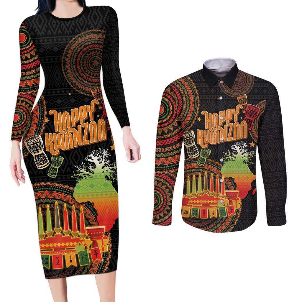 Kwanzaa Kinara Candles Couples Matching Long Sleeve Bodycon Dress and Long Sleeve Button Shirt African Tribal Pattern LT05 - Wonder Print Shop