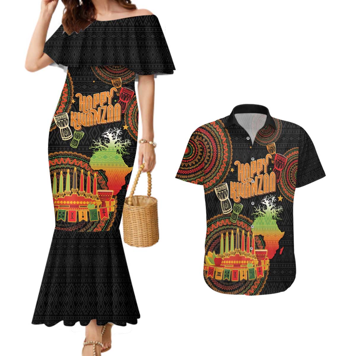 Kwanzaa Kinara Candles Couples Matching Mermaid Dress and Hawaiian Shirt African Tribal Pattern LT05 - Wonder Print Shop