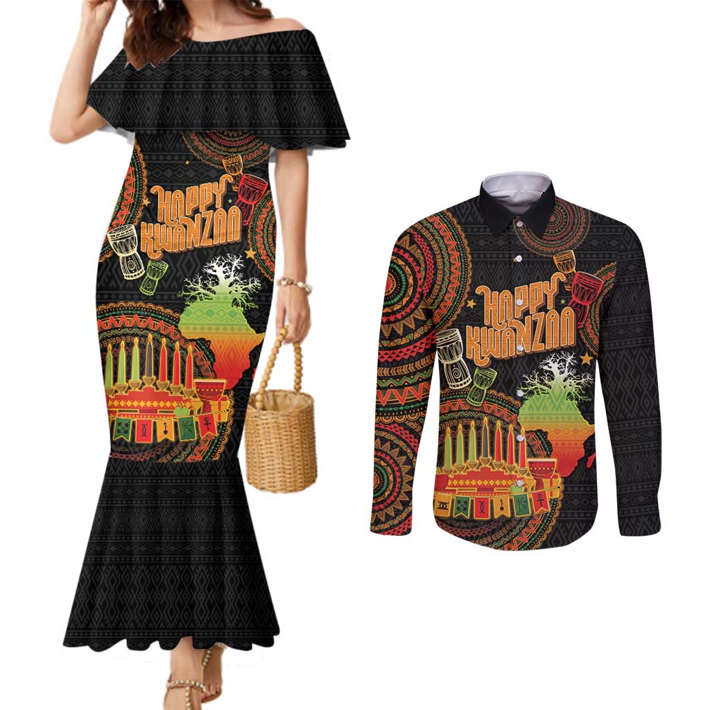 Kwanzaa Kinara Candles Couples Matching Mermaid Dress and Long Sleeve Button Shirt African Tribal Pattern
