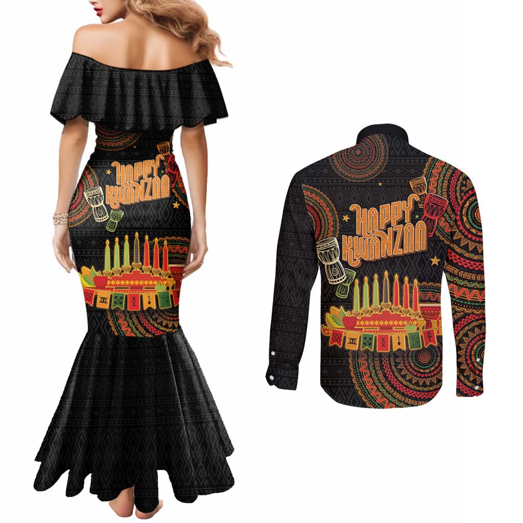 Kwanzaa Kinara Candles Couples Matching Mermaid Dress and Long Sleeve Button Shirt African Tribal Pattern