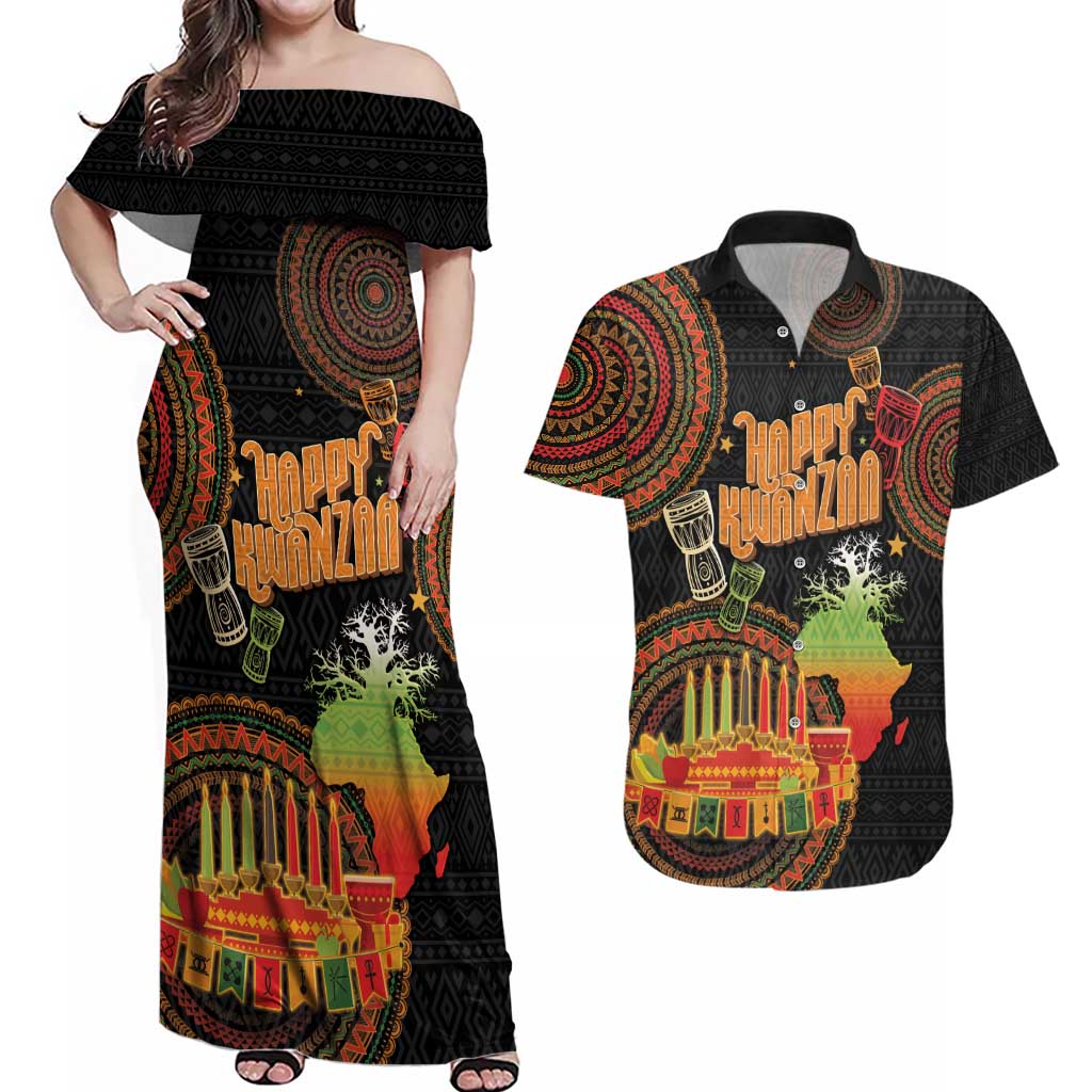 Kwanzaa Kinara Candles Couples Matching Off Shoulder Maxi Dress and Hawaiian Shirt African Tribal Pattern LT05 - Wonder Print Shop