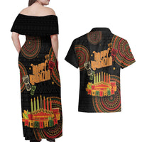 Kwanzaa Kinara Candles Couples Matching Off Shoulder Maxi Dress and Hawaiian Shirt African Tribal Pattern LT05 - Wonder Print Shop