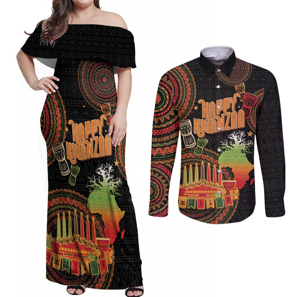 Kwanzaa Kinara Candles Couples Matching Off Shoulder Maxi Dress and Long Sleeve Button Shirt African Tribal Pattern LT05 - Wonder Print Shop