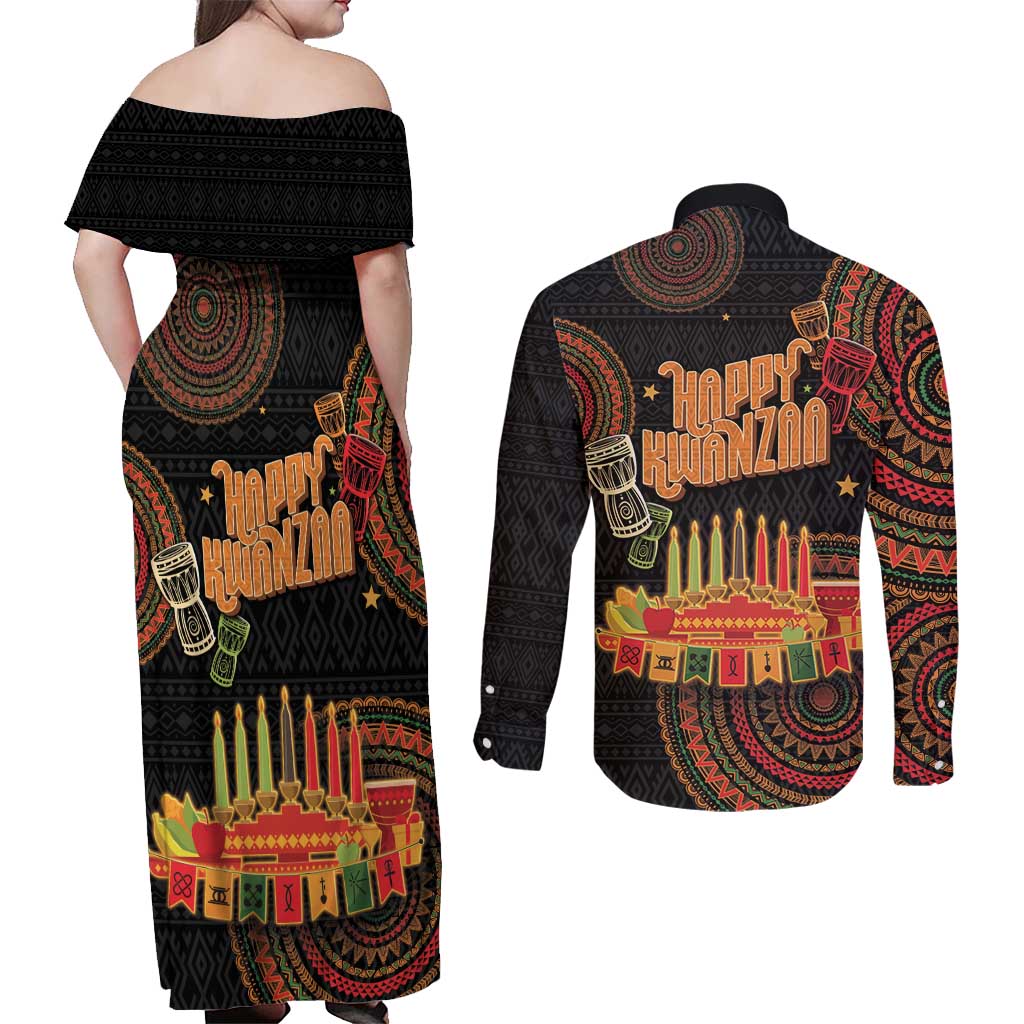 Kwanzaa Kinara Candles Couples Matching Off Shoulder Maxi Dress and Long Sleeve Button Shirt African Tribal Pattern LT05 - Wonder Print Shop