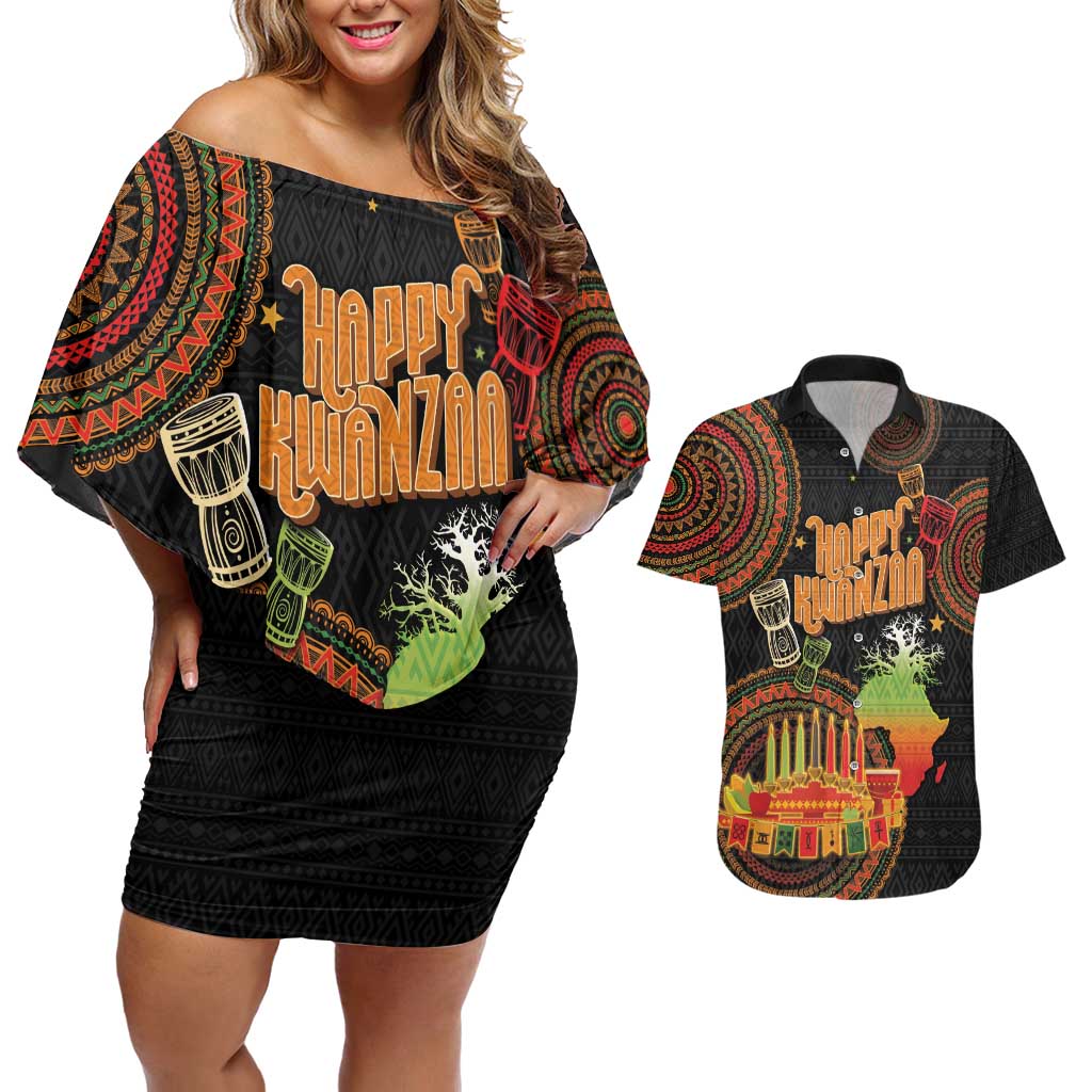 Kwanzaa Kinara Candles Couples Matching Off Shoulder Short Dress and Hawaiian Shirt African Tribal Pattern LT05 - Wonder Print Shop