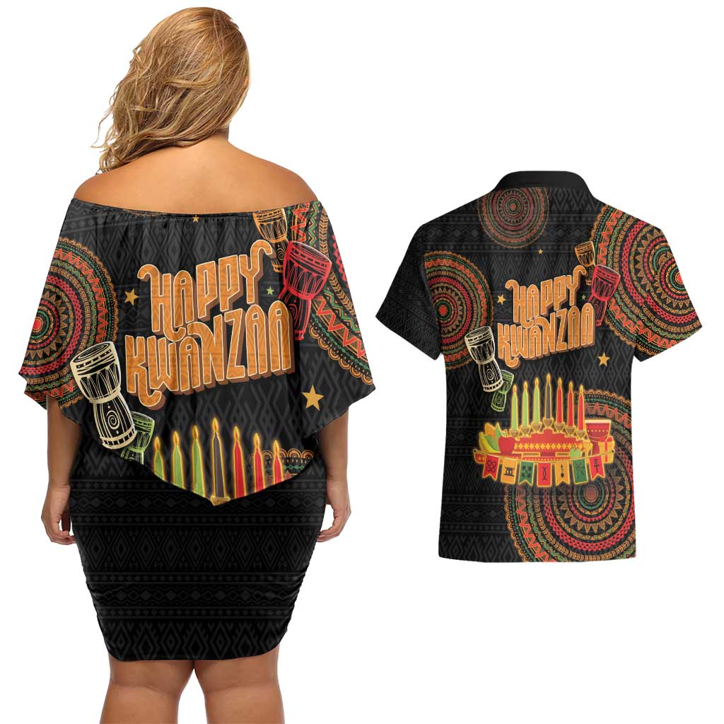 Kwanzaa Kinara Candles Couples Matching Off Shoulder Short Dress and Hawaiian Shirt African Tribal Pattern LT05 - Wonder Print Shop
