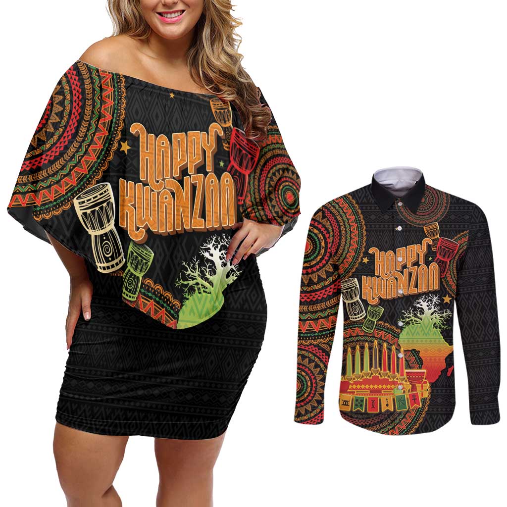 Kwanzaa Kinara Candles Couples Matching Off Shoulder Short Dress and Long Sleeve Button Shirt African Tribal Pattern LT05 - Wonder Print Shop