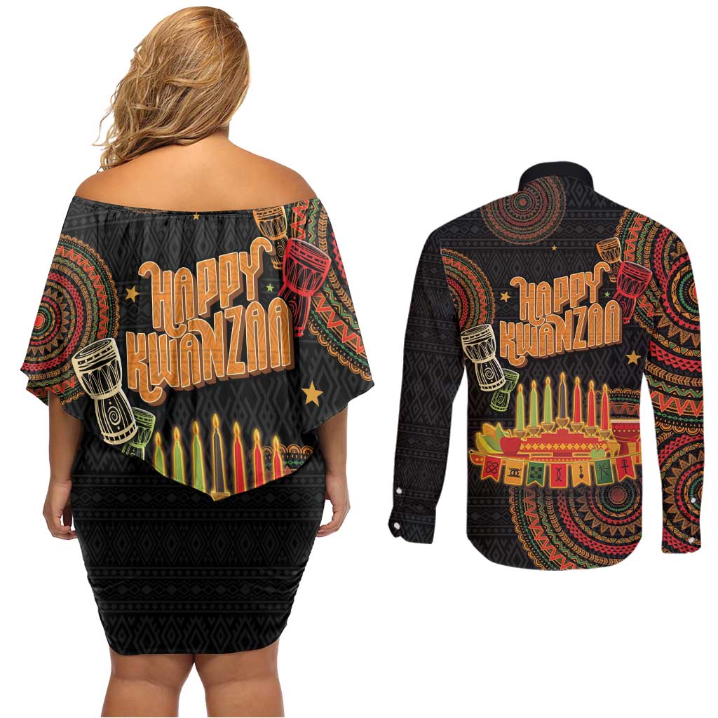 Kwanzaa Kinara Candles Couples Matching Off Shoulder Short Dress and Long Sleeve Button Shirt African Tribal Pattern LT05 - Wonder Print Shop