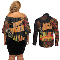 Kwanzaa Kinara Candles Couples Matching Off Shoulder Short Dress and Long Sleeve Button Shirt African Tribal Pattern LT05 - Wonder Print Shop