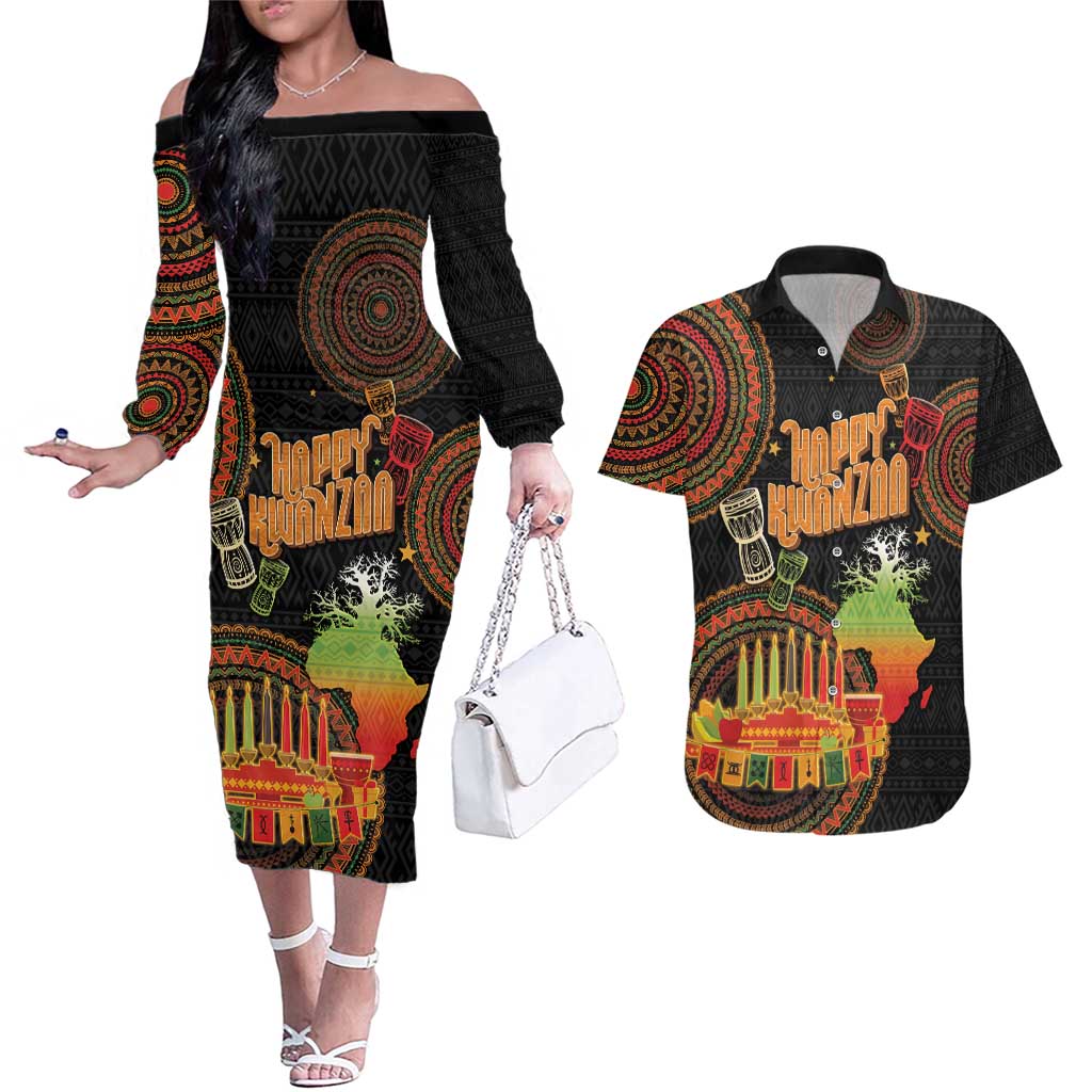 Kwanzaa Kinara Candles Couples Matching Off The Shoulder Long Sleeve Dress and Hawaiian Shirt African Tribal Pattern LT05 - Wonder Print Shop