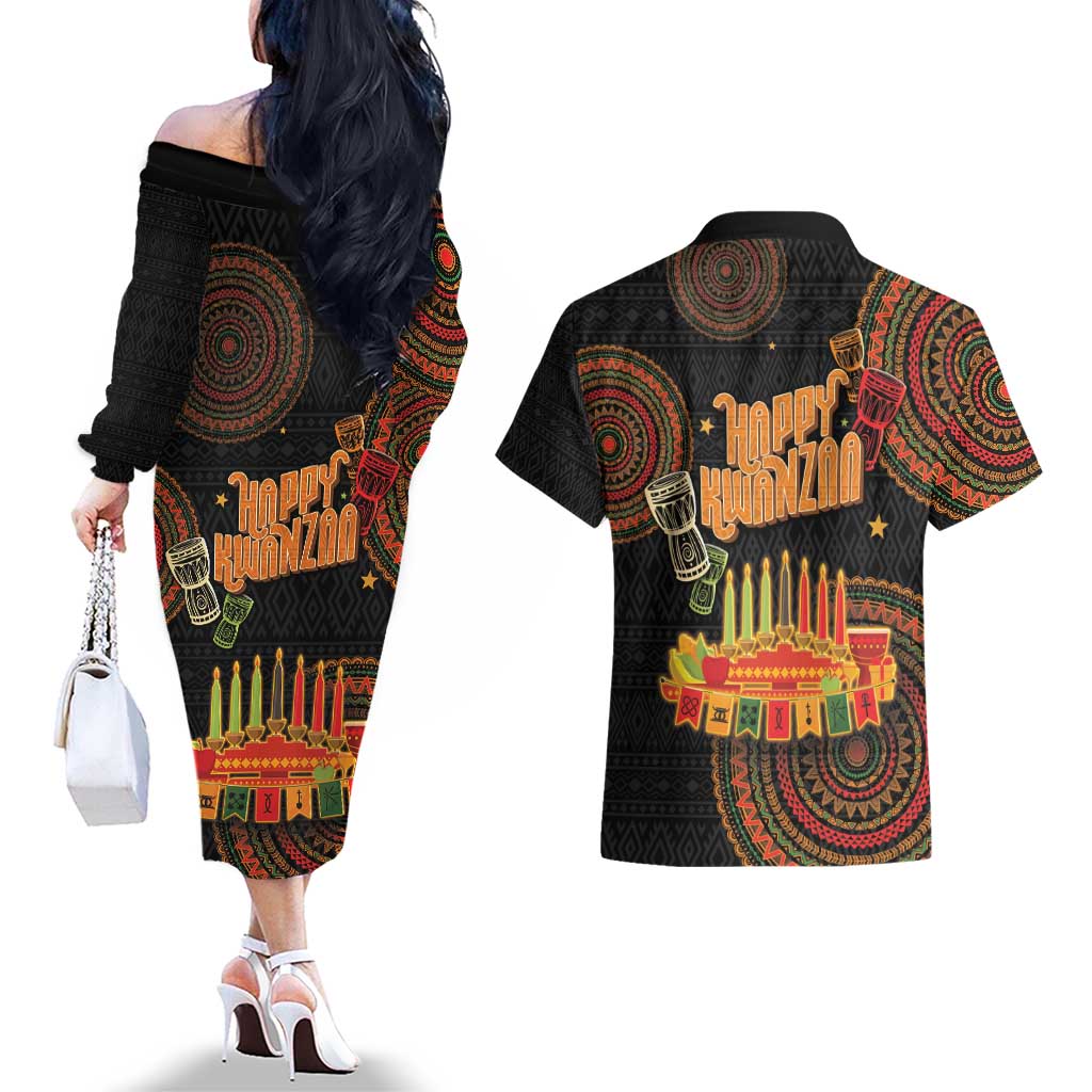 Kwanzaa Kinara Candles Couples Matching Off The Shoulder Long Sleeve Dress and Hawaiian Shirt African Tribal Pattern LT05 - Wonder Print Shop