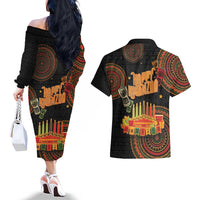Kwanzaa Kinara Candles Couples Matching Off The Shoulder Long Sleeve Dress and Hawaiian Shirt African Tribal Pattern LT05 - Wonder Print Shop