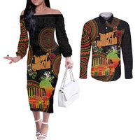 Kwanzaa Kinara Candles Couples Matching Off The Shoulder Long Sleeve Dress and Long Sleeve Button Shirt African Tribal Pattern