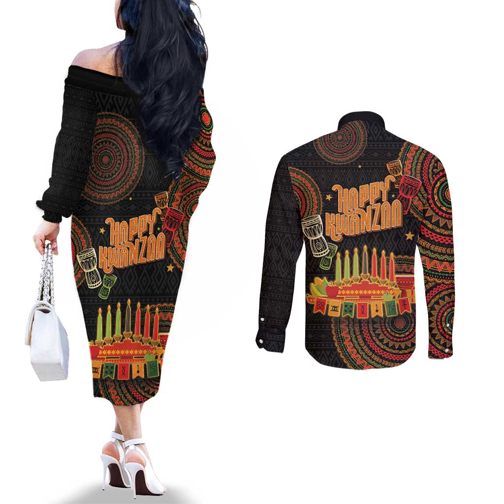 Kwanzaa Kinara Candles Couples Matching Off The Shoulder Long Sleeve Dress and Long Sleeve Button Shirt African Tribal Pattern