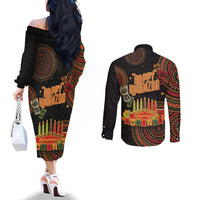 Kwanzaa Kinara Candles Couples Matching Off The Shoulder Long Sleeve Dress and Long Sleeve Button Shirt African Tribal Pattern