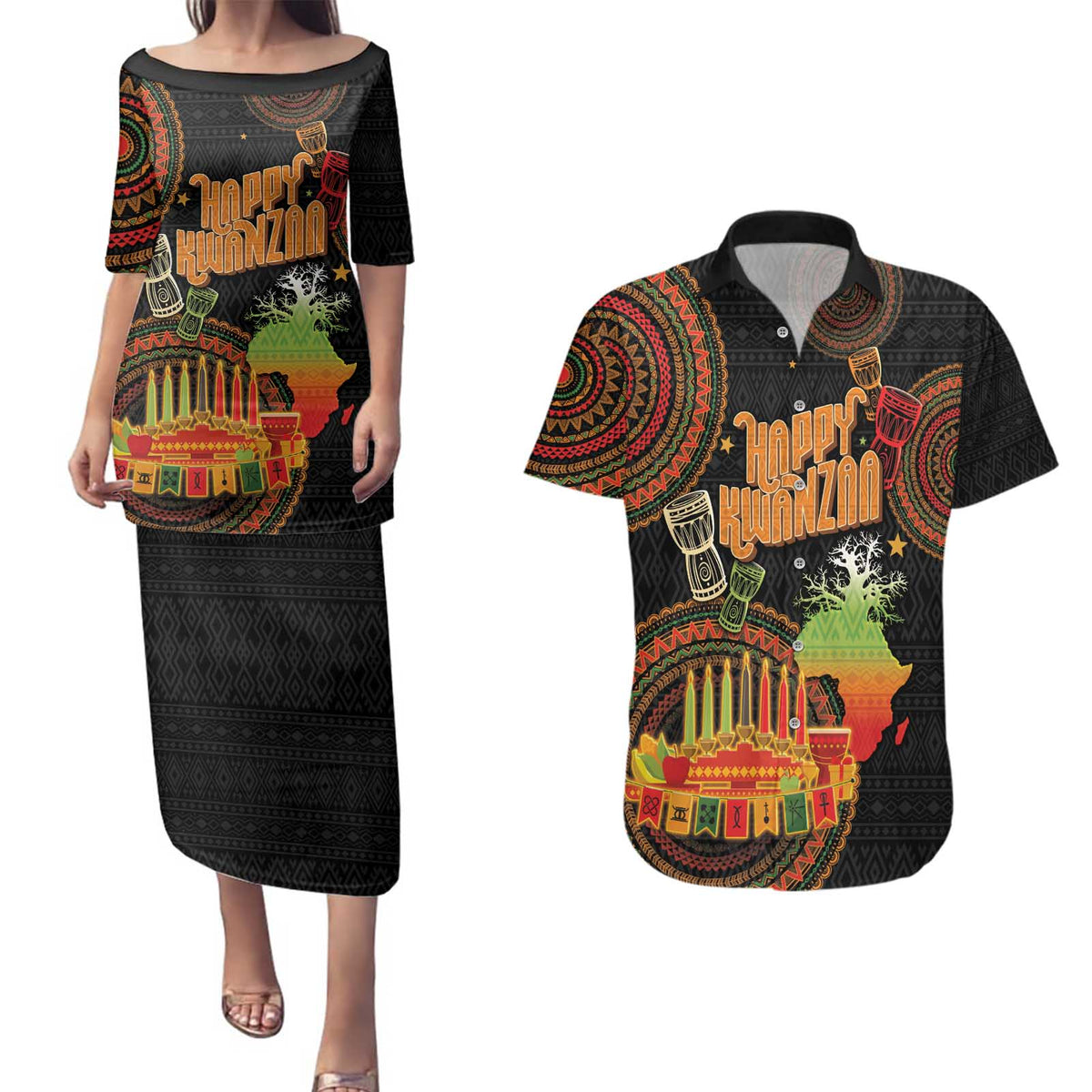 Kwanzaa Kinara Candles Couples Matching Puletasi and Hawaiian Shirt African Tribal Pattern LT05 - Wonder Print Shop