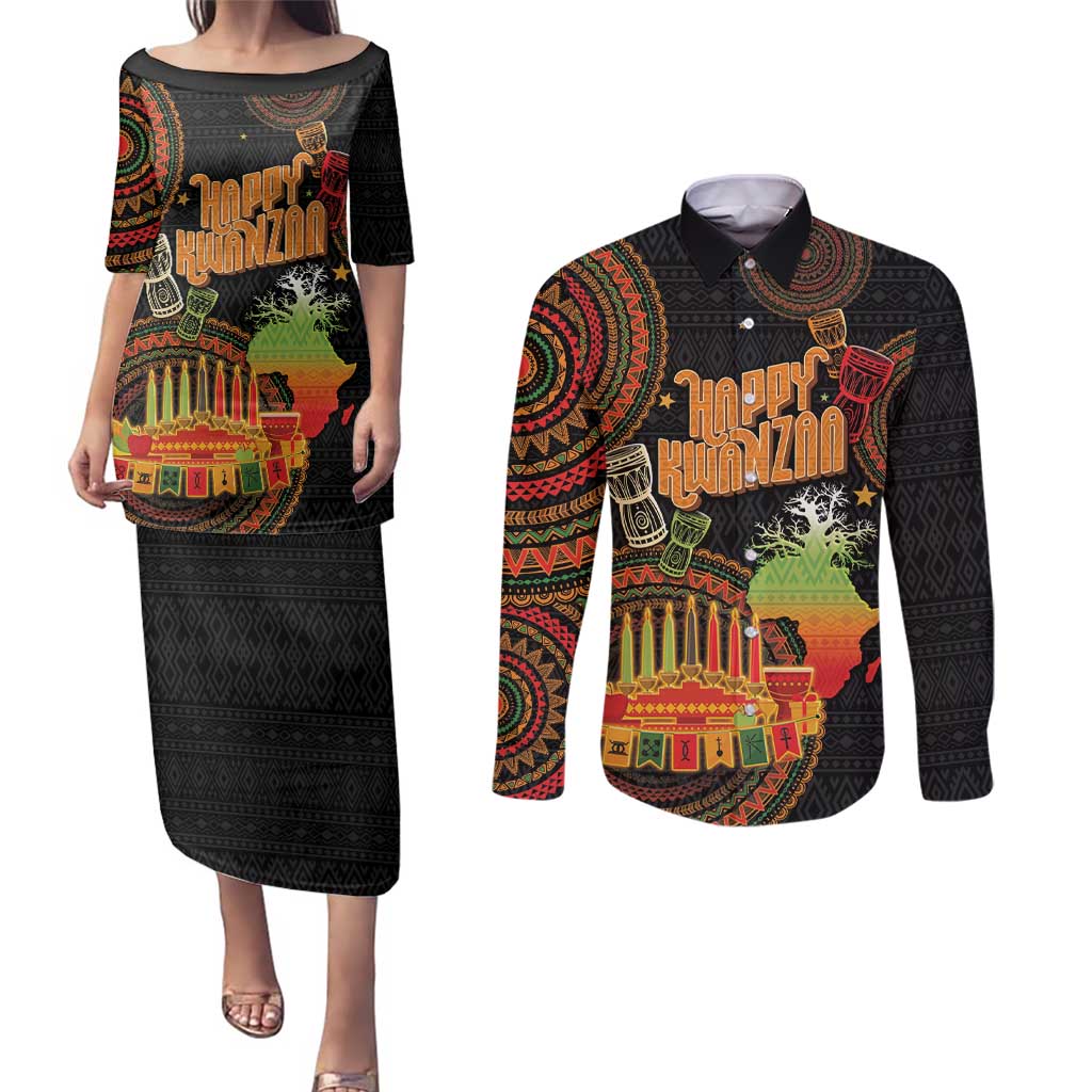 Kwanzaa Kinara Candles Couples Matching Puletasi and Long Sleeve Button Shirt African Tribal Pattern LT05 - Wonder Print Shop