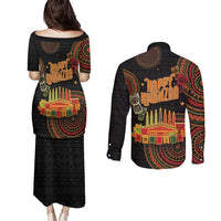 Kwanzaa Kinara Candles Couples Matching Puletasi and Long Sleeve Button Shirt African Tribal Pattern LT05 - Wonder Print Shop