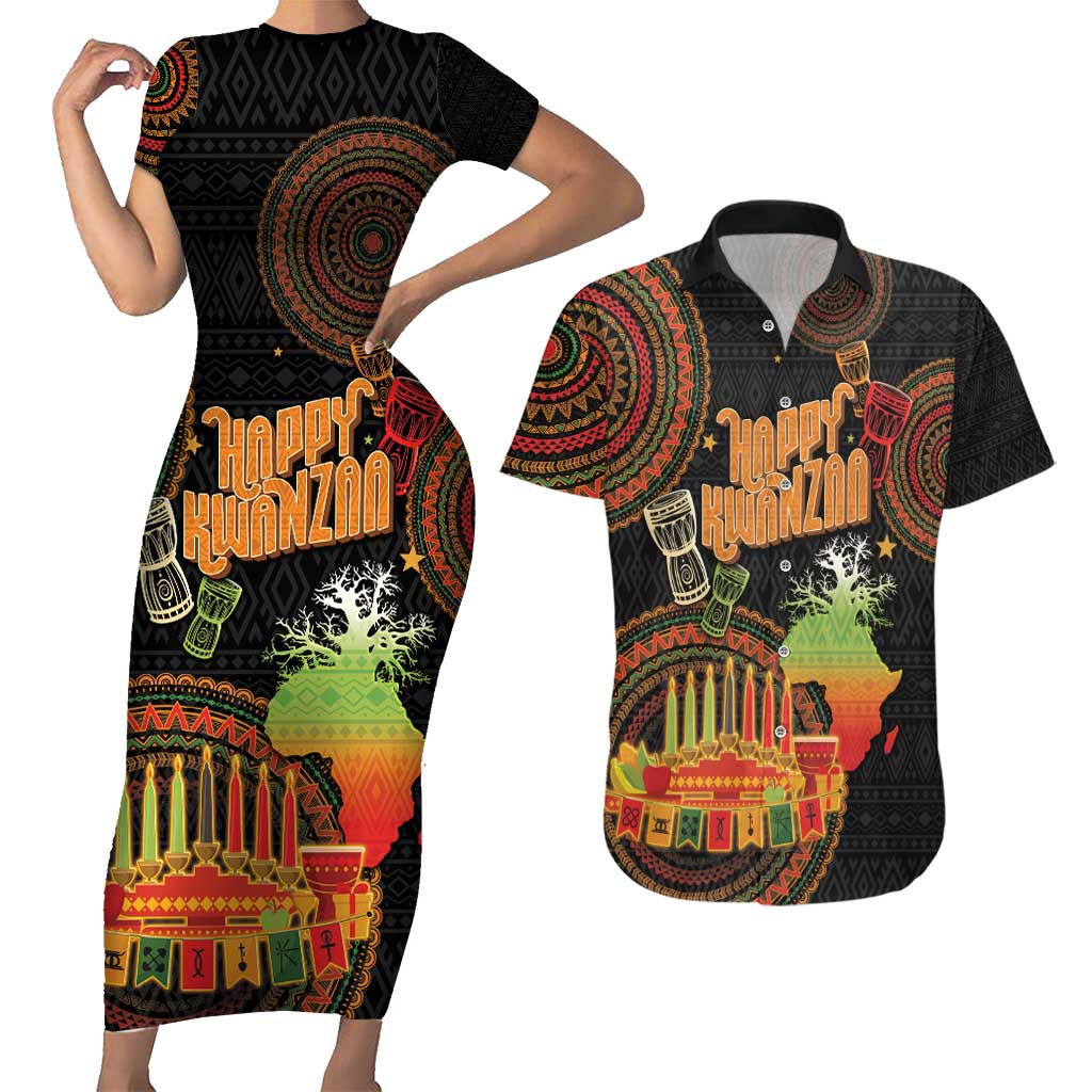 Kwanzaa Kinara Candles Couples Matching Short Sleeve Bodycon Dress and Hawaiian Shirt African Tribal Pattern LT05 - Wonder Print Shop