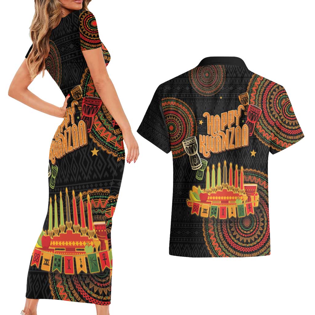 Kwanzaa Kinara Candles Couples Matching Short Sleeve Bodycon Dress and Hawaiian Shirt African Tribal Pattern LT05 - Wonder Print Shop