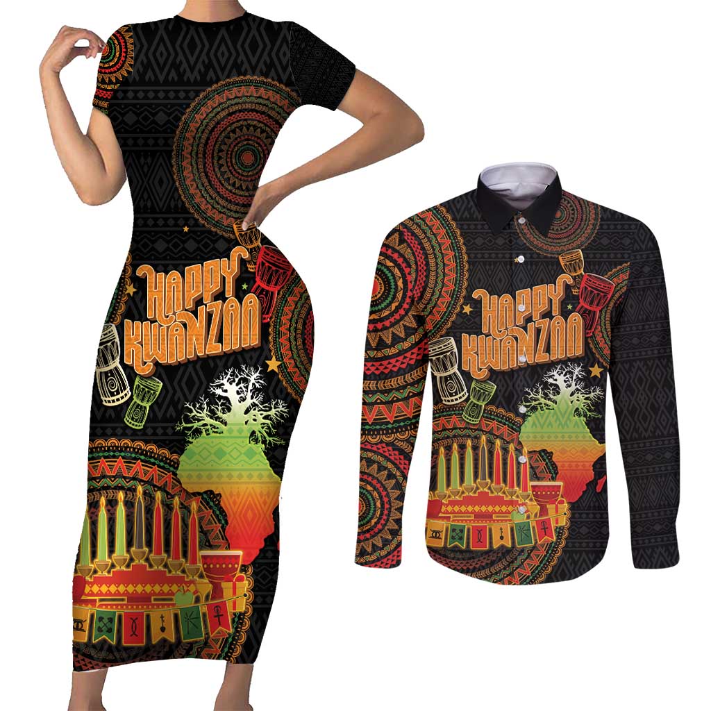Kwanzaa Kinara Candles Couples Matching Short Sleeve Bodycon Dress and Long Sleeve Button Shirt African Tribal Pattern LT05 - Wonder Print Shop