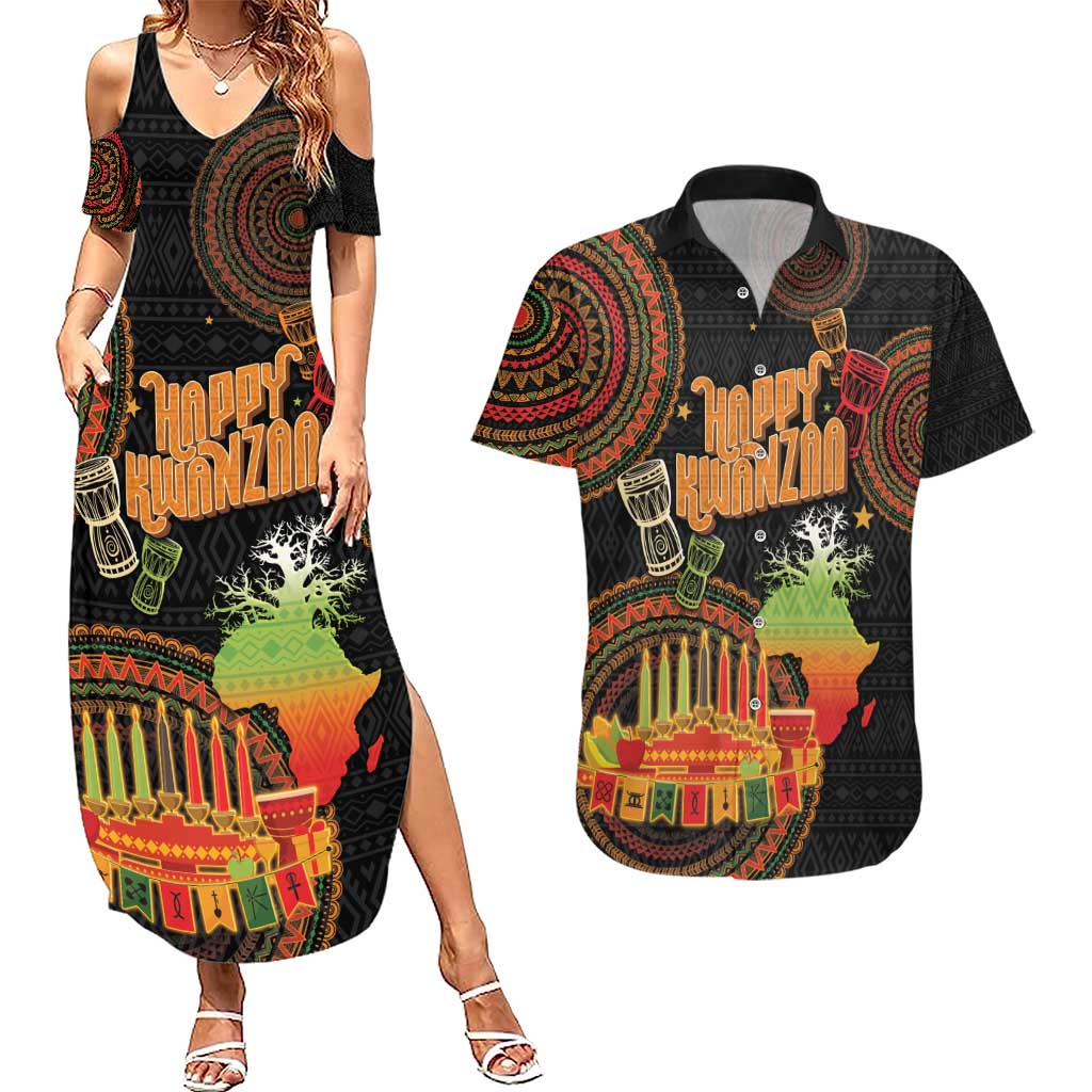Kwanzaa Kinara Candles Couples Matching Summer Maxi Dress and Hawaiian Shirt African Tribal Pattern LT05 - Wonder Print Shop