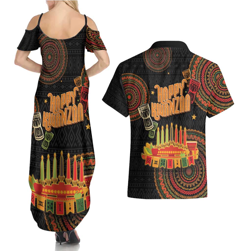 Kwanzaa Kinara Candles Couples Matching Summer Maxi Dress and Hawaiian Shirt African Tribal Pattern LT05 - Wonder Print Shop