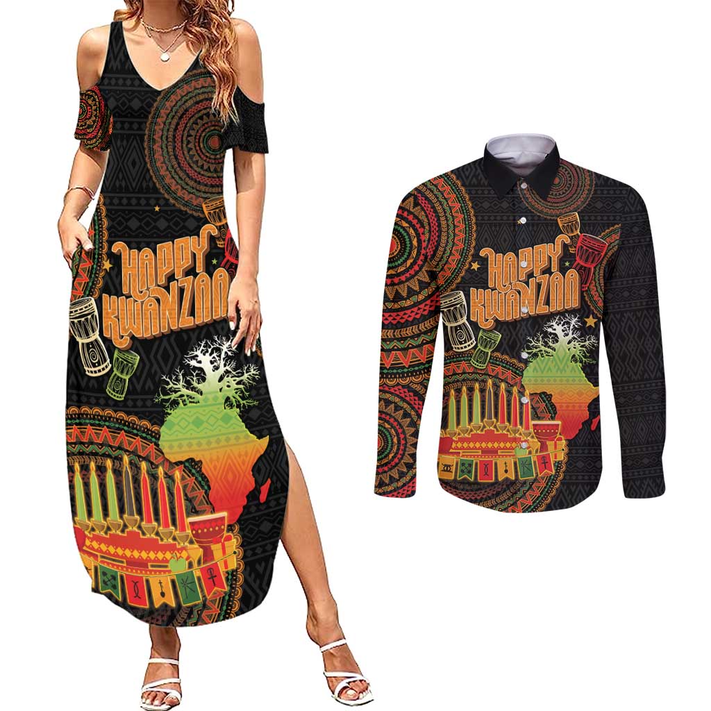 Kwanzaa Kinara Candles Couples Matching Summer Maxi Dress and Long Sleeve Button Shirt African Tribal Pattern LT05 - Wonder Print Shop