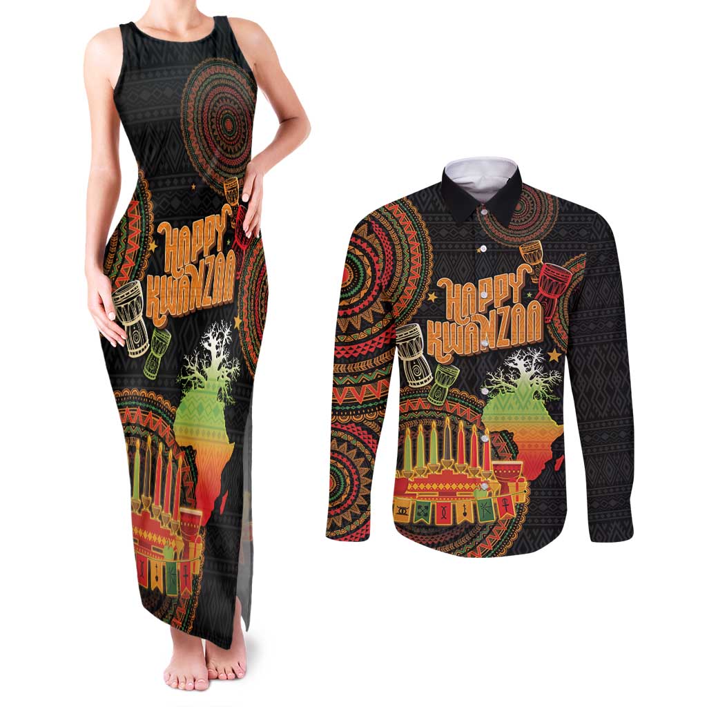 Kwanzaa Kinara Candles Couples Matching Tank Maxi Dress and Long Sleeve Button Shirt African Tribal Pattern LT05 - Wonder Print Shop