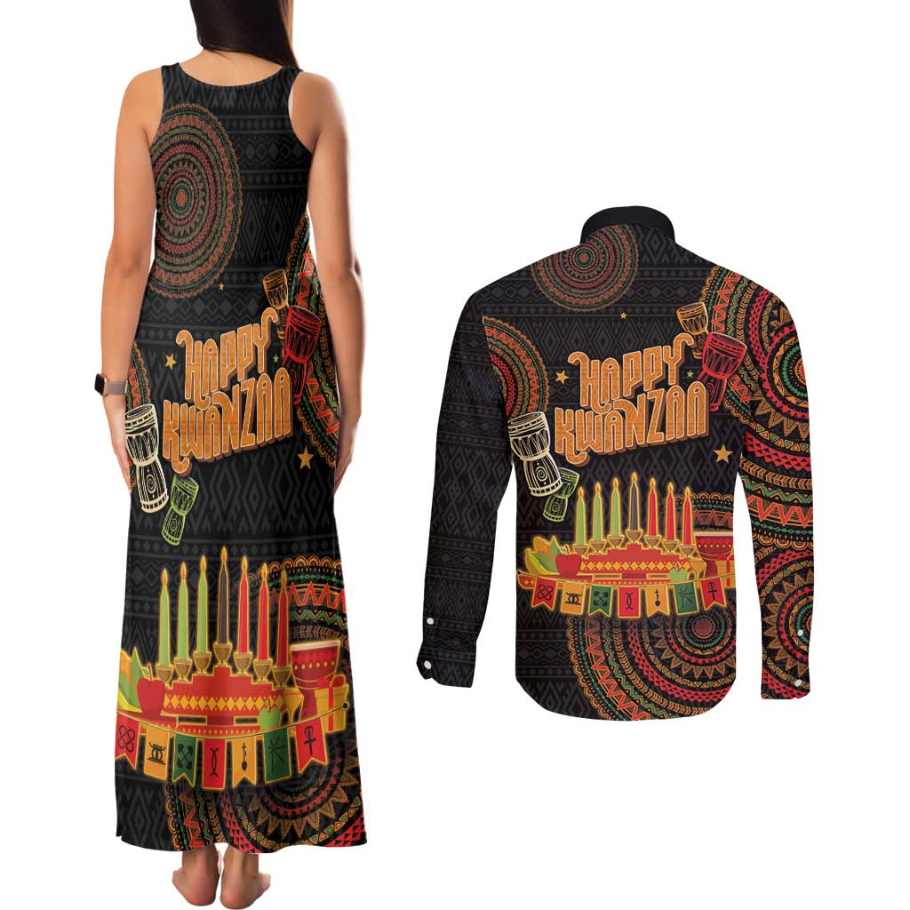 Kwanzaa Kinara Candles Couples Matching Tank Maxi Dress and Long Sleeve Button Shirt African Tribal Pattern LT05 - Wonder Print Shop